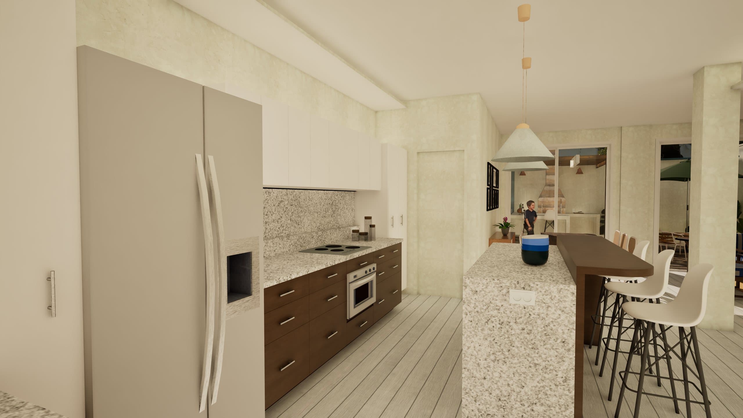 Render oficial de la cocina con isla y banquetas, abierta hacia el comedor