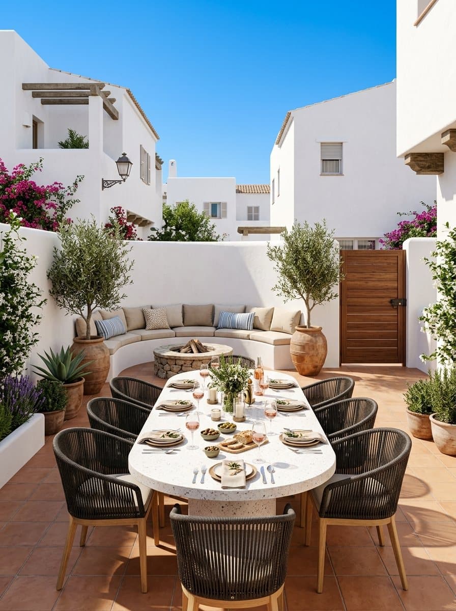 Render oficial del patio con mesa para ocho, fogón circular y muro curvo con vegetación