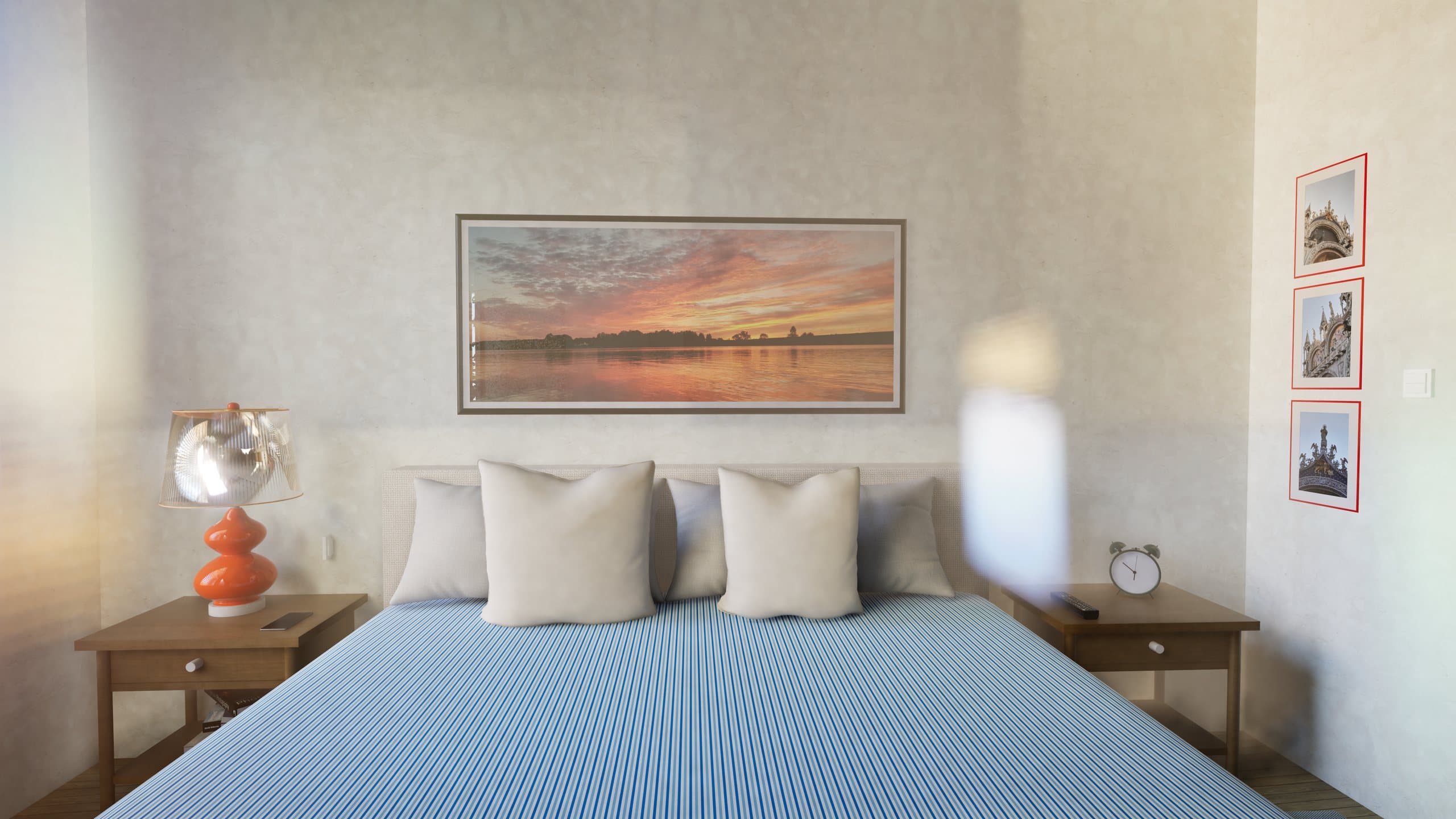 Render oficial del dormitorio principal con cama doble y mesas de luz