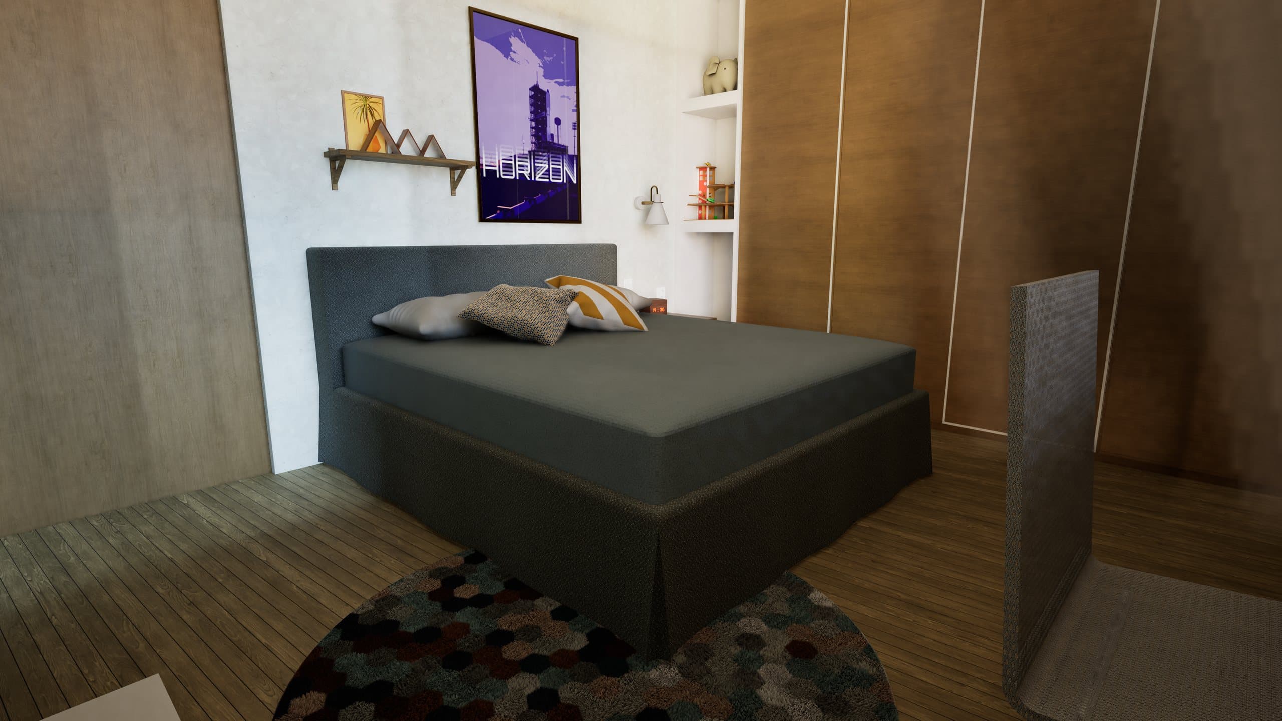Render oficial de un dormitorio secundario con cama y alfombra