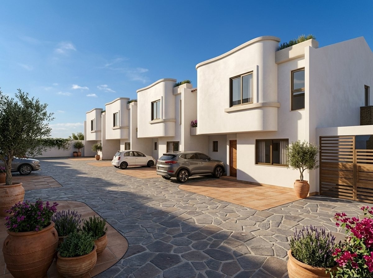 Render oficial de la calle interna de Santorini: viviendas blancas de dos plantas, garajes propios y empedrado